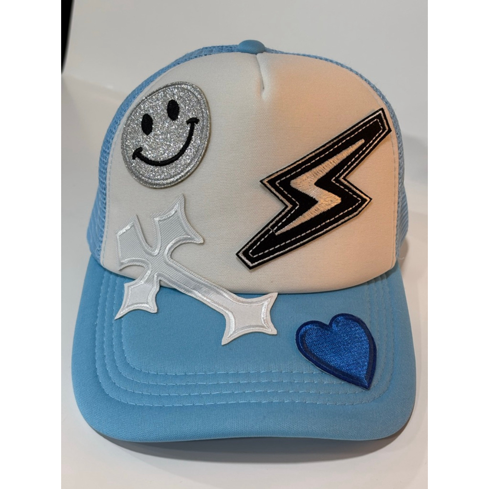 Trucker Hat One Size Blue White with Patches, Snap Back, NWOT